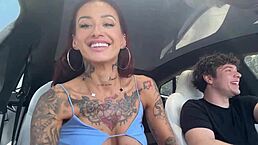 Tatted up slut Alby Rydes with big tits gets fucked hard in a driving car for creampie finish.