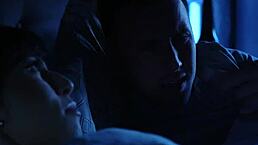 Brunette foster step mother Becky Bandini rides in cowgirl on bed while barefoot. She eagerly welcomes foster step daughter Judy Jolie but sneaks with foster step brother on first night.