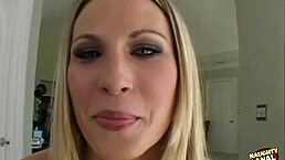 busty blonde gags on cock in heels after interview then rides it cowgirl 😈