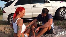 German Redhead Teen Gets Creampie From Roadside Helper In Outdoor Public Sex