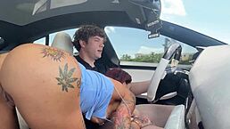 Tatted up slut Alby Rydes with big tits gets fucked hard in a driving car for creampie finish.