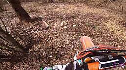 Brunette teen girlfriend goes wild on dirtbike ride turning into outdoor blowjob and doggystyle sex with facial cumshot
