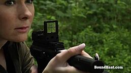 Blonde Czech mistress chains up her bound lesbian slave in the garage for whipping and domination punishment.