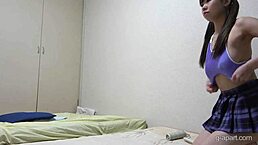 Big boobs burst from tiny 18+ uniform while cleaning room with perfect body Japanese micro g-string wedgie ass pussy camel toe