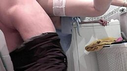 LOVER FUCKS BLONDE MILF WIFE DOGGYSTYLE ON WASHING MACHINE AFTER SHOWER. CREAMPIE CUMSHOT IN WET PUSSY WITH NATURAL TITS AND STOCKINGS FETISH.