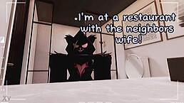 In a casual setup, the Roblox Raven Team Leader interacts with her neighbor in a simple scene.