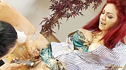 Horny redhead babe surprises brunette birthday girl with dildo in shaved pussy lesbian sex on desk