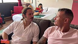 Oh man, this naughty wife just loves group sex with licking, blowjobs, and doggystyle. Her cuckold hubby totally supports it all!