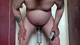 Whoa, bisexual gay Mark Wright sticks electro nipple clamps on his cock and pisses filling the tube covering wires! 😱⚡