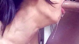 so this naughty latina bitch starts sucking my cock with deepthroat domination. she gets all drooly and covered in cum like a cute submissive slut.