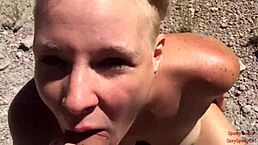 Blonde sucks and swallows cum on public hiking trail