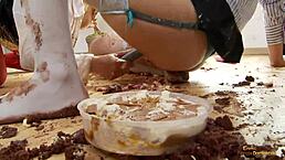 Horny redhead babe surprises brunette birthday girl with dildo in shaved pussy lesbian sex on desk