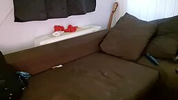 Amateur slut with big ass takes huge cock in gaping anal on sofa with buttplug