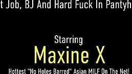 maxine x slips into pantyhose to tease with asian footjob and squirting orgasm on hard cock