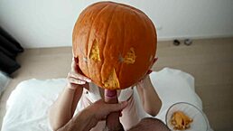 hey, stepsister didn't expect the halloween pumpkin game to go wrong with creampie action.