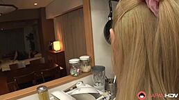 Japanese housewife started sucking big cock in kitchen during uncensored cheating scene with blowjob and riding actions