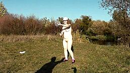 Autumn sport cute milf mature sexy Frina strips naked and learns play badminton with lover naked in public publicly outdoors outside big ass butt perfect boobs big natural tits pussy doggy style!