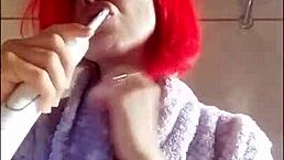 Brushing teeth matters a lot. Chantal enjoys filling her mouth with toothpaste in this homemade close-up.