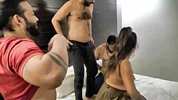 College girl experiences real Indian gangbang with rough fucking, licking, and creampie in hot threesome action.