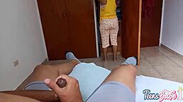 hermanastra catches her twin with hermanastro and joins for a group activity in the room with latinas