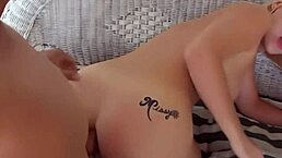 Blonde beauty in lingerie bends over for deepthroat and doggystyle pussy licking with heels on.