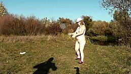 Autumn sport cute milf mature sexy Frina strips naked and learns play badminton with lover naked in public publicly outdoors outside big ass butt perfect boobs big natural tits pussy doggy style!