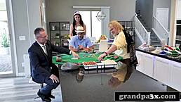 three kinky old dudes fuck young busty teen after poker game, rimming her ass