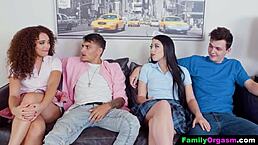 Teen 18+s swap brothers for rough group fucking in doggystyle and cowgirl on sofa