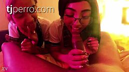 Two young amateurs from Tijuana give blowjob to Haitian guy with monster cock in sensual encounter.