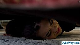 Stuck barista gets her pussy licked and fucked by horny lesbian customer