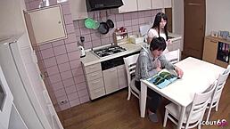 Virgin Japanese teen 18+ classmate bends over for doggystyle creampie fuck. She rides cowgirl in hairy pussy quickie when home alone.