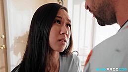 Girl licks roommate's balls and deepthroats his monster cock in dorm reality. She swallows cum after hardcore titty fuck.