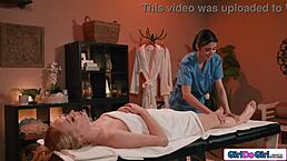 Blonde client experiences a special lesbian pussy massage from skilled masseuse. She feels every lick and touch deeply.