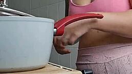 I put on tight shorts that split my swollen pussy to invite the neighbor for kitchen lunch.