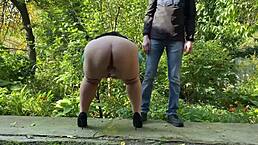 Come with me now I really need to pee outdoors! My big ass milf curves flash in public.