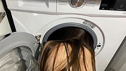 Why does this petite stepsister keep getting stuck in the washing machine for rough creampie sex?