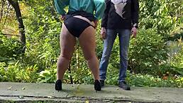 Come with me now I really need to pee outdoors! My big ass milf curves flash in public.