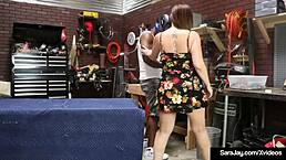 Oh man, I can't believe how this pawg milf Sara Jay gets her big ass drilled by that garage dude's huge thick black cock in the garage, it's intense!
