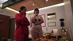 calipso and pam latina milfs ride big asses in full halloween bedroom ffm orgy