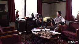 Japanese teen 18+ secretary in glasses and cosplay seduces old ugly boss to suck his fat cock with wet pov blowjob and cum swallow in uncensored jav roleplay