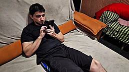 Hey this busty Latina milf pretends she's not into it but spies on her horny stepson until she gets him