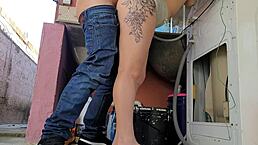 married housewife pays washing machine technician with her ass while husband is away.