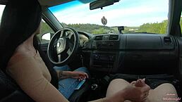 gf gives pov handjob in public car ride through forest