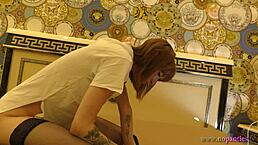 hot tight pussy skinny redhead braless and no panties on the bed gets bored