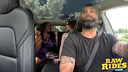 Busty ebony milf fingers wet pussy after exposing massive boobs in shared ride