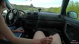 gf gives pov handjob in public car ride through forest