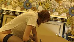 hot tight pussy skinny redhead braless and no panties on the bed gets bored