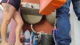 married housewife pays washing machine technician with her ass while husband is away.