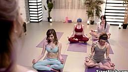 transsexual yoga instructor emma rose fucks hot student jewelz blu in class!