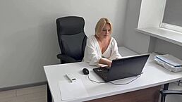 office secretary boldly relaxes by masturbating intensely to porn at her workplace after work
